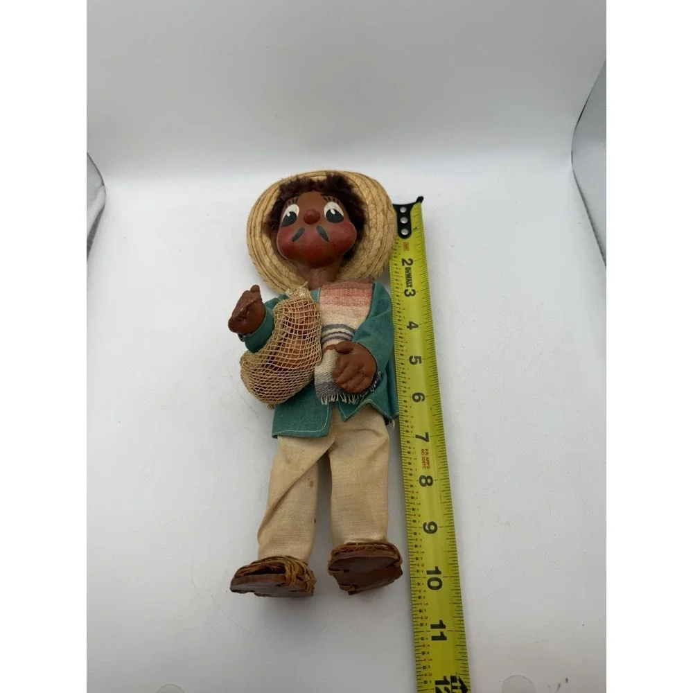 Vintage Mexican Folk Art Doll Straw Sombrero Cloth Body Painted Face 10